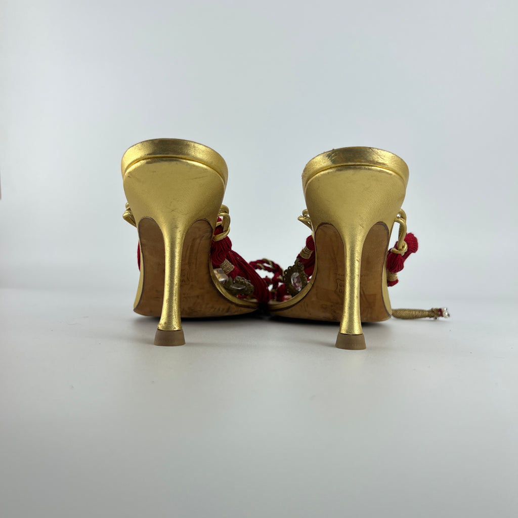 Jimmy Choo | Gold Metallic Leather Clear Gem Red Tassel Lace Up Thong Heels (37)