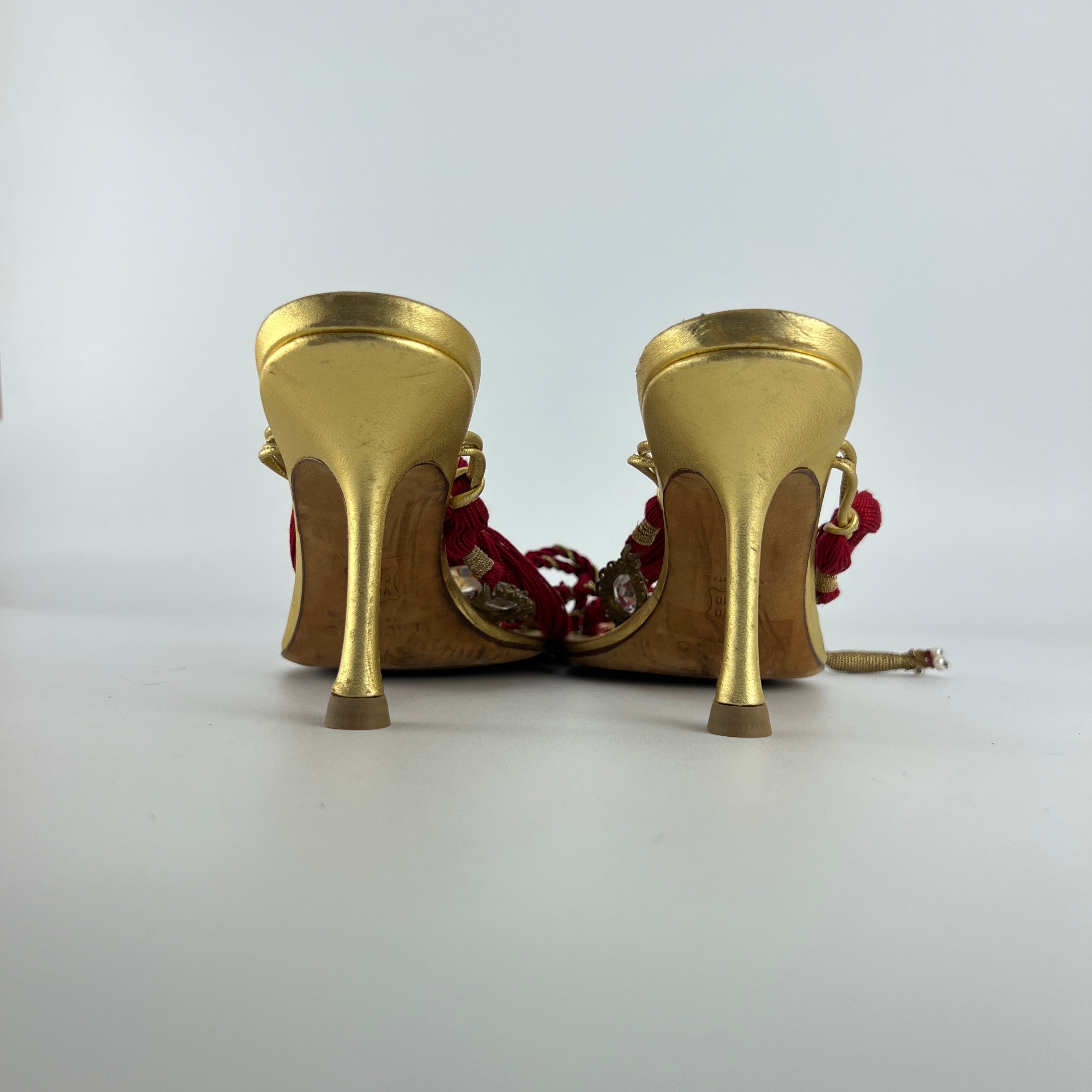 Jimmy Choo | Gold Metallic Leather Clear Gem Red Tassel Lace Up Thong Heels (37)
