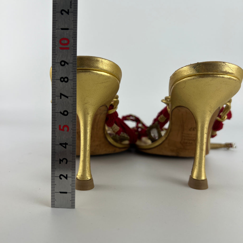Jimmy Choo | Gold Metallic Leather Clear Gem Red Tassel Lace Up Thong Heels (37)