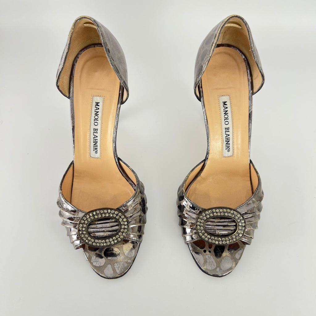 Manolo Blahnik | Sedaraby Metallic Silver Animal Print Buckle D'Orsay Pumps (36.5)