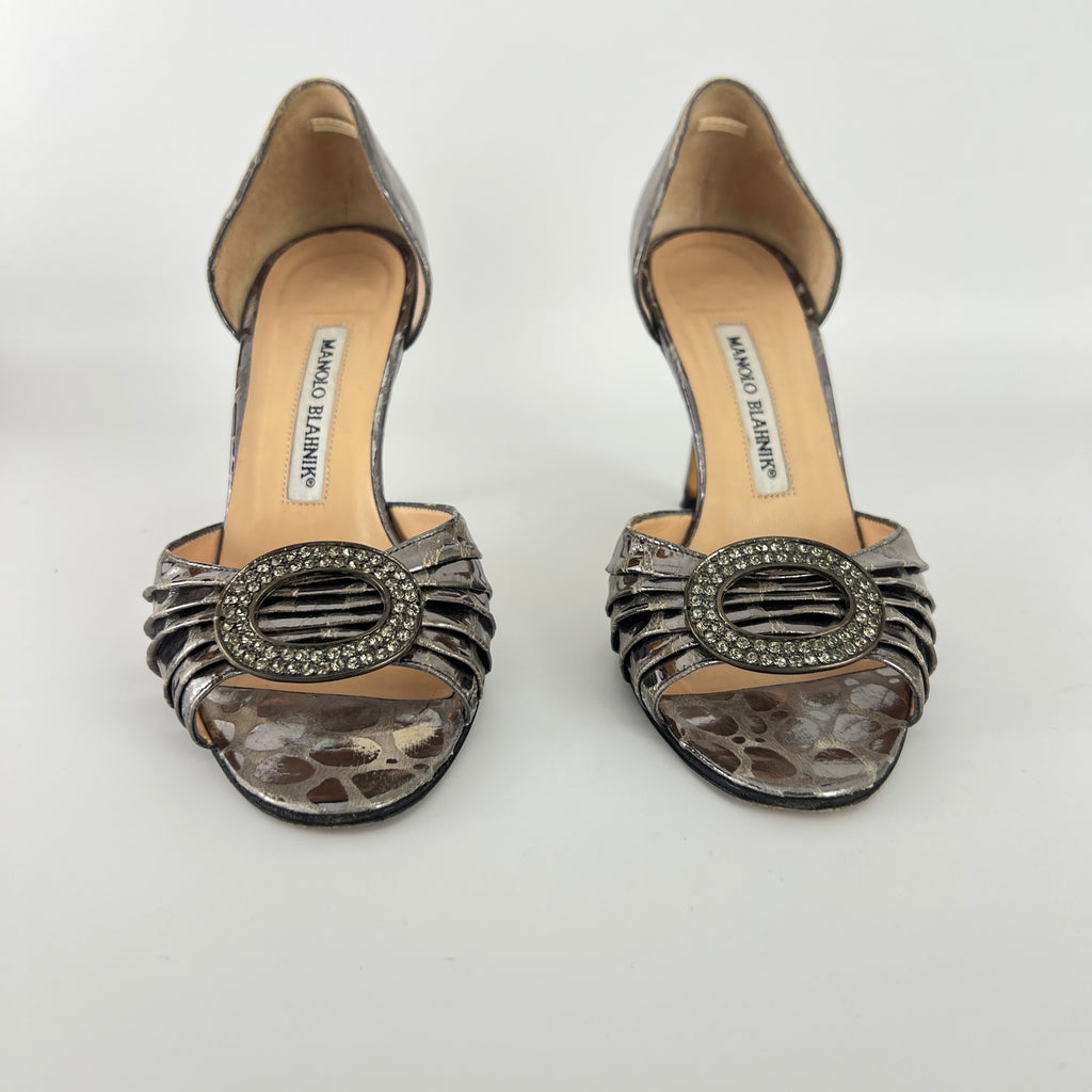 Manolo Blahnik | Sedaraby Metallic Silver Animal Print Buckle D'Orsay Pumps (36.5)