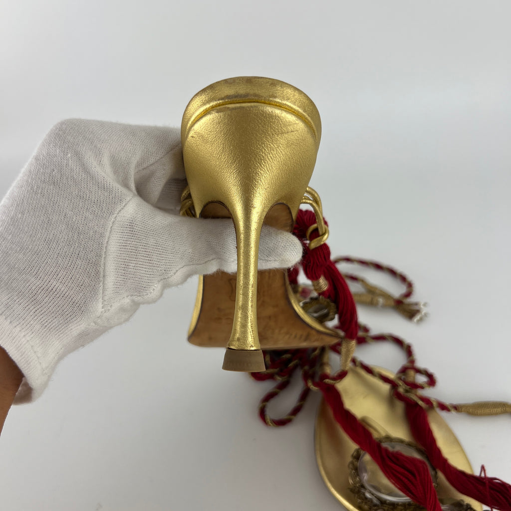 Jimmy Choo | Gold Metallic Leather Clear Gem Red Tassel Lace Up Thong Heels (37)
