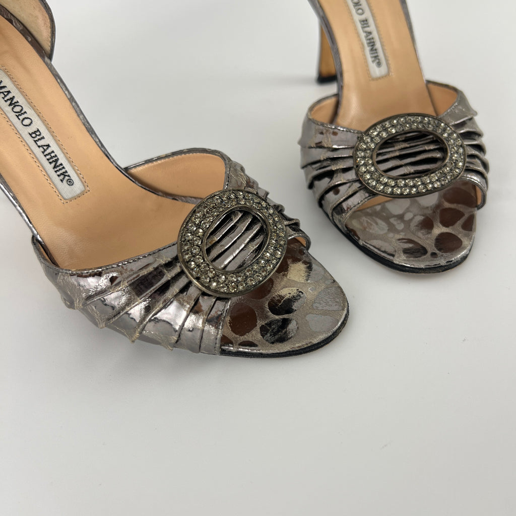 Manolo Blahnik | Sedaraby Metallic Silver Animal Print Buckle D'Orsay Pumps (36.5)