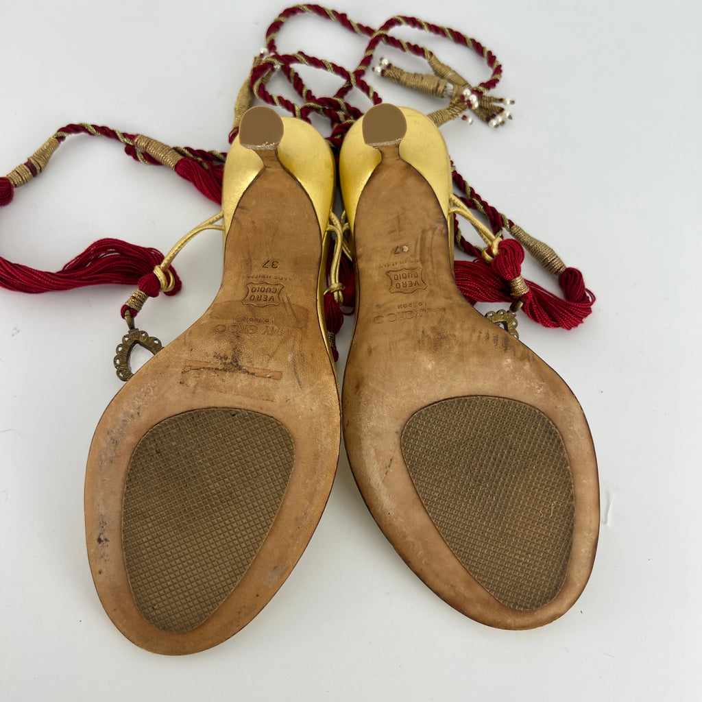 Jimmy Choo | Gold Metallic Leather Clear Gem Red Tassel Lace Up Thong Heels (37)