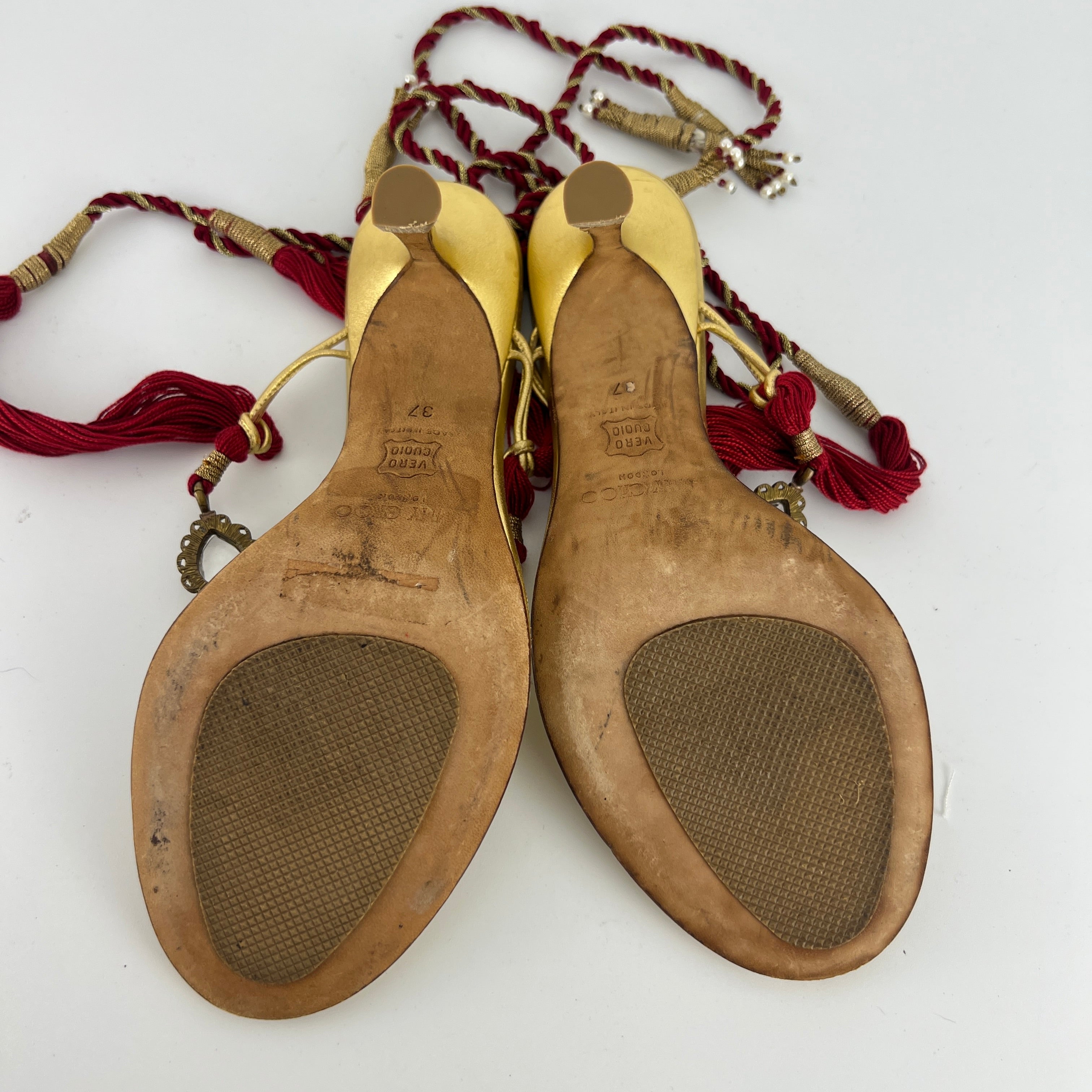 Jimmy Choo | Gold Metallic Leather Clear Gem Red Tassel Lace Up Thong Heels (37)