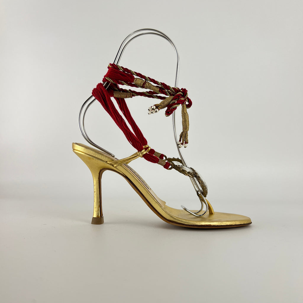 Jimmy Choo | Gold Metallic Leather Clear Gem Red Tassel Lace Up Thong Heels (37)
