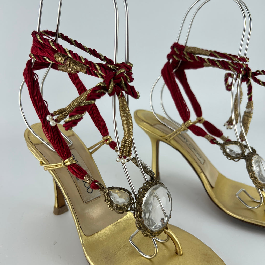 Jimmy Choo | Gold Metallic Leather Clear Gem Red Tassel Lace Up Thong Heels (37)
