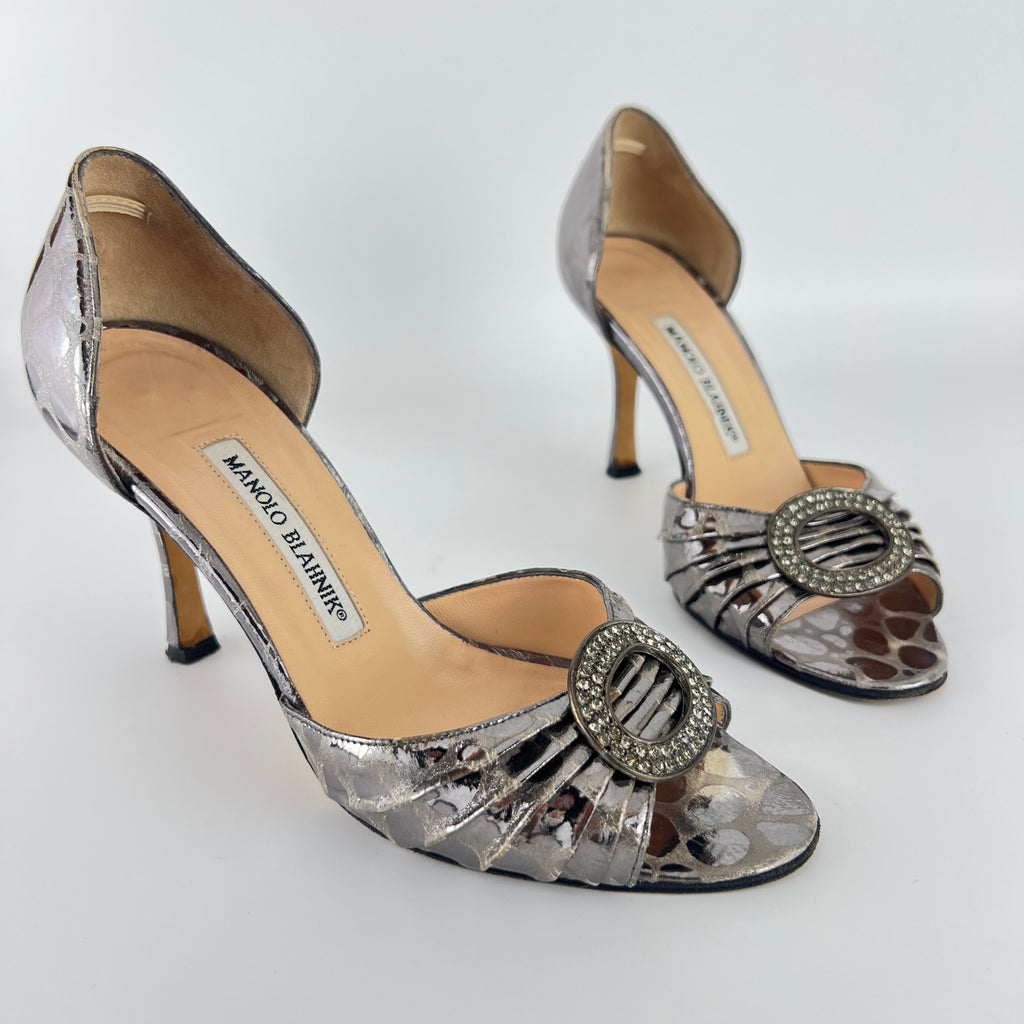 Manolo Blahnik | Sedaraby Metallic Silver Animal Print Buckle D'Orsay Pumps (36.5)