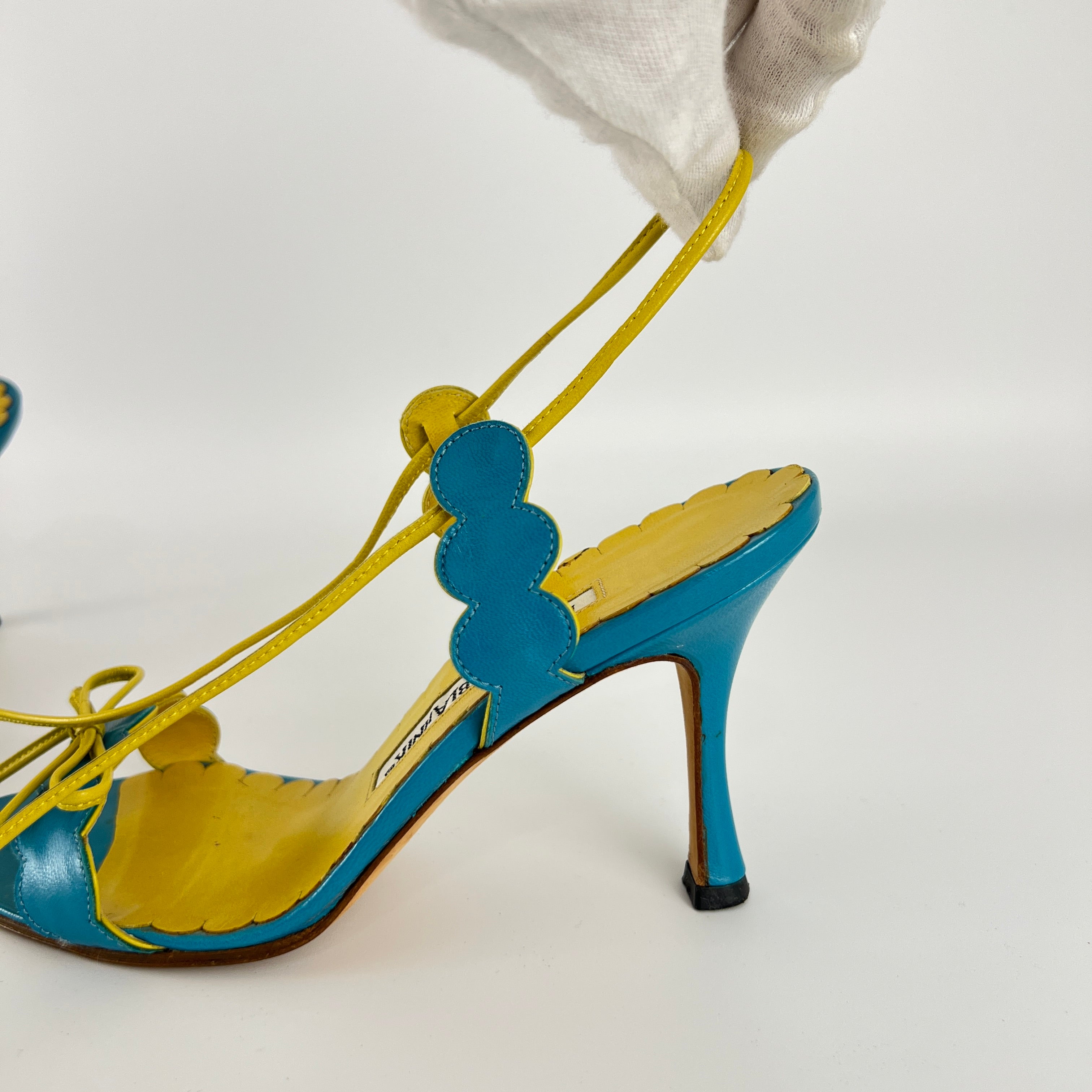 Manolo Blahnik | Vintage Nuraghi Turquoise Blue Yellow Bow Sandal Heel Rare (34.5)