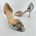 Manolo Blahnik | Sedaraby Metallic Silver Animal Print Buckle D'Orsay Pumps (36.5)