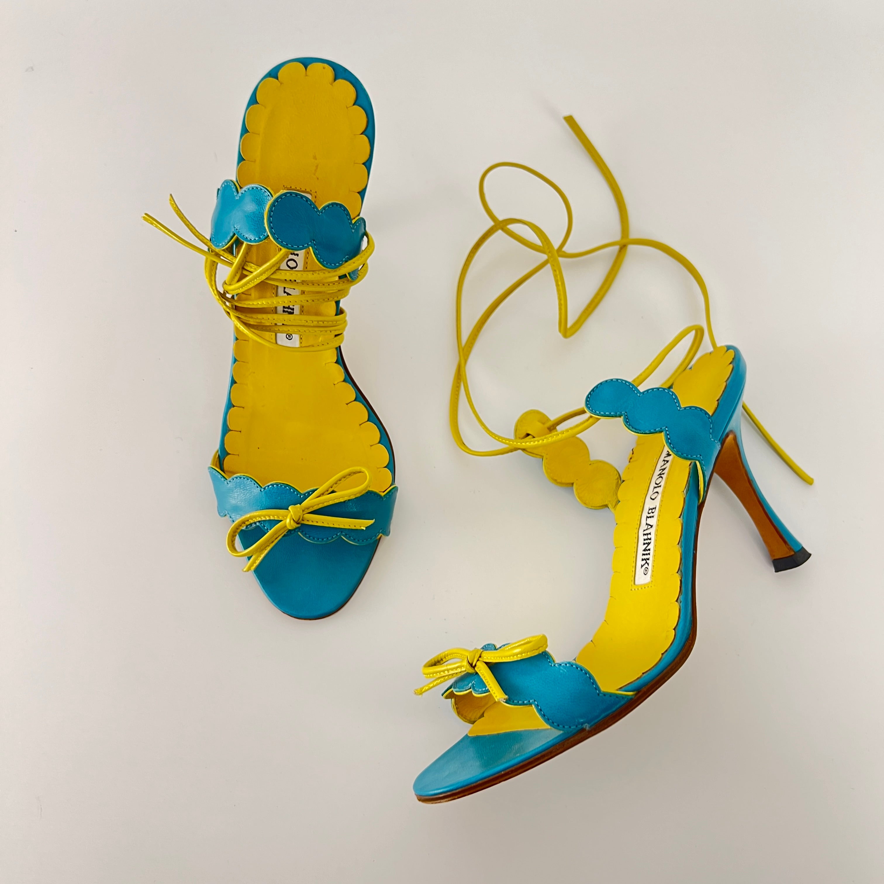 Manolo Blahnik | Vintage Nuraghi Turquoise Blue Yellow Bow Sandal Heel Rare (34.5)