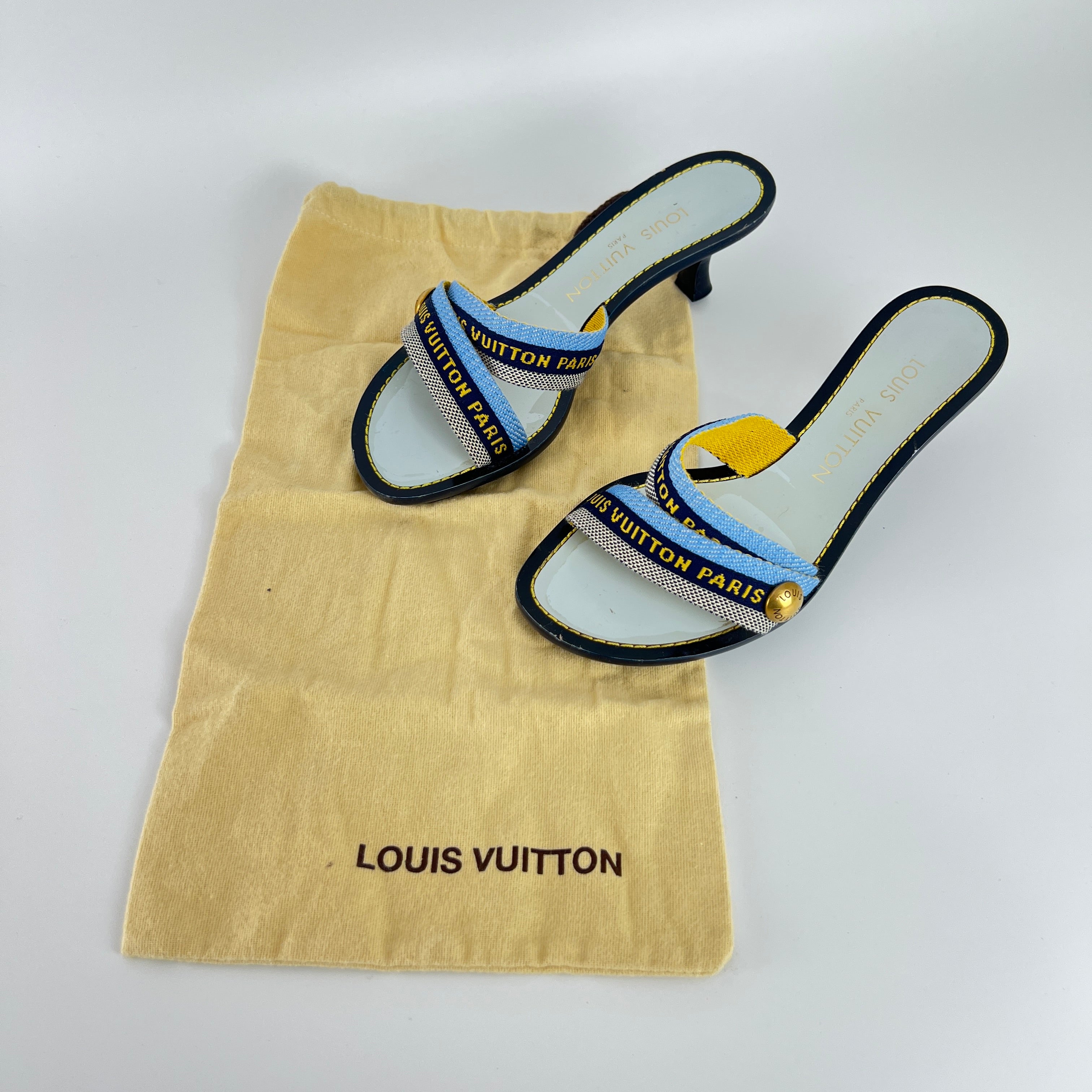 Louis Vuitton | Baby Blue Black Canvas Strappy Sandal Kitten Mules (34.5)
