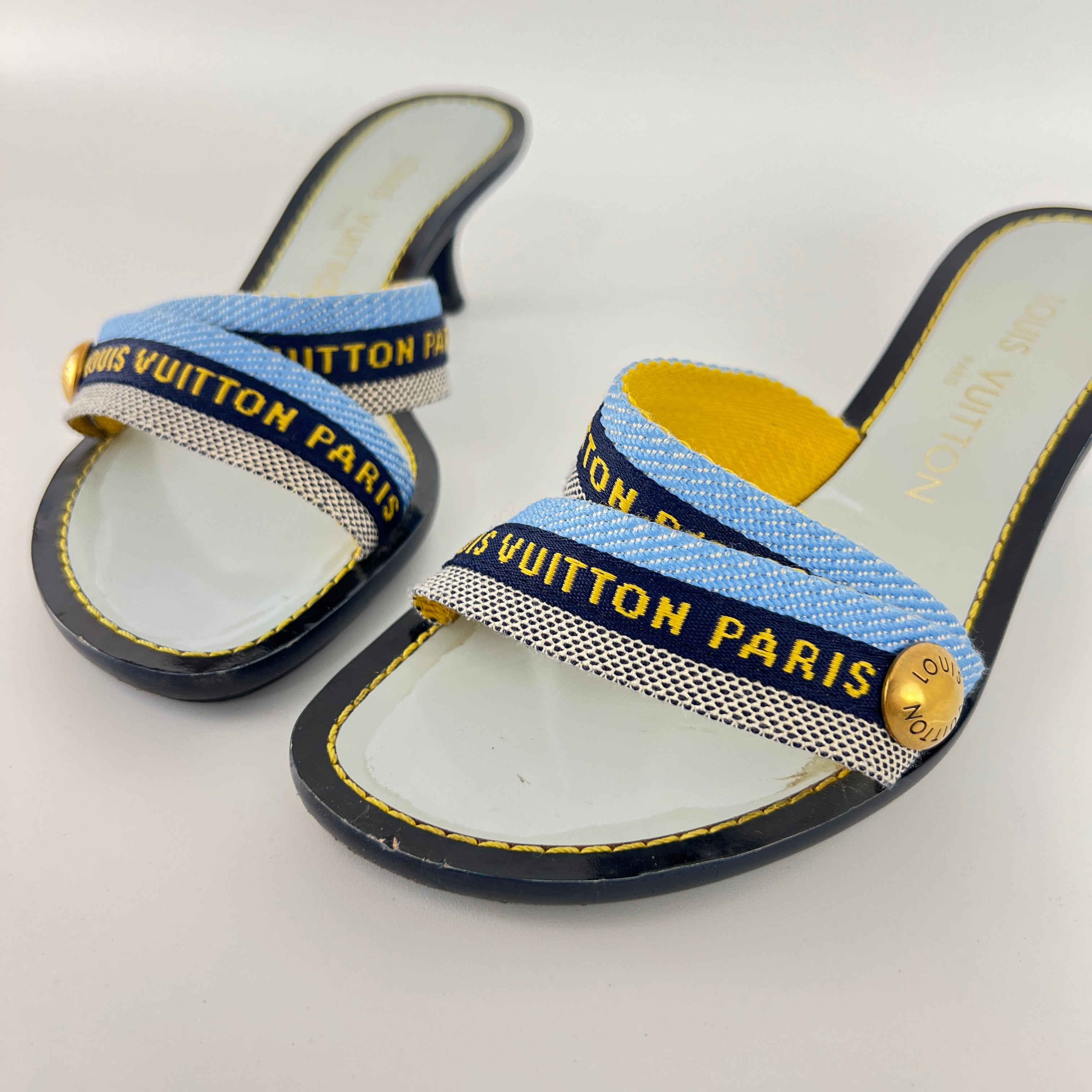 Louis Vuitton | Baby Blue Black Canvas Strappy Sandal Kitten Mules (34.5)