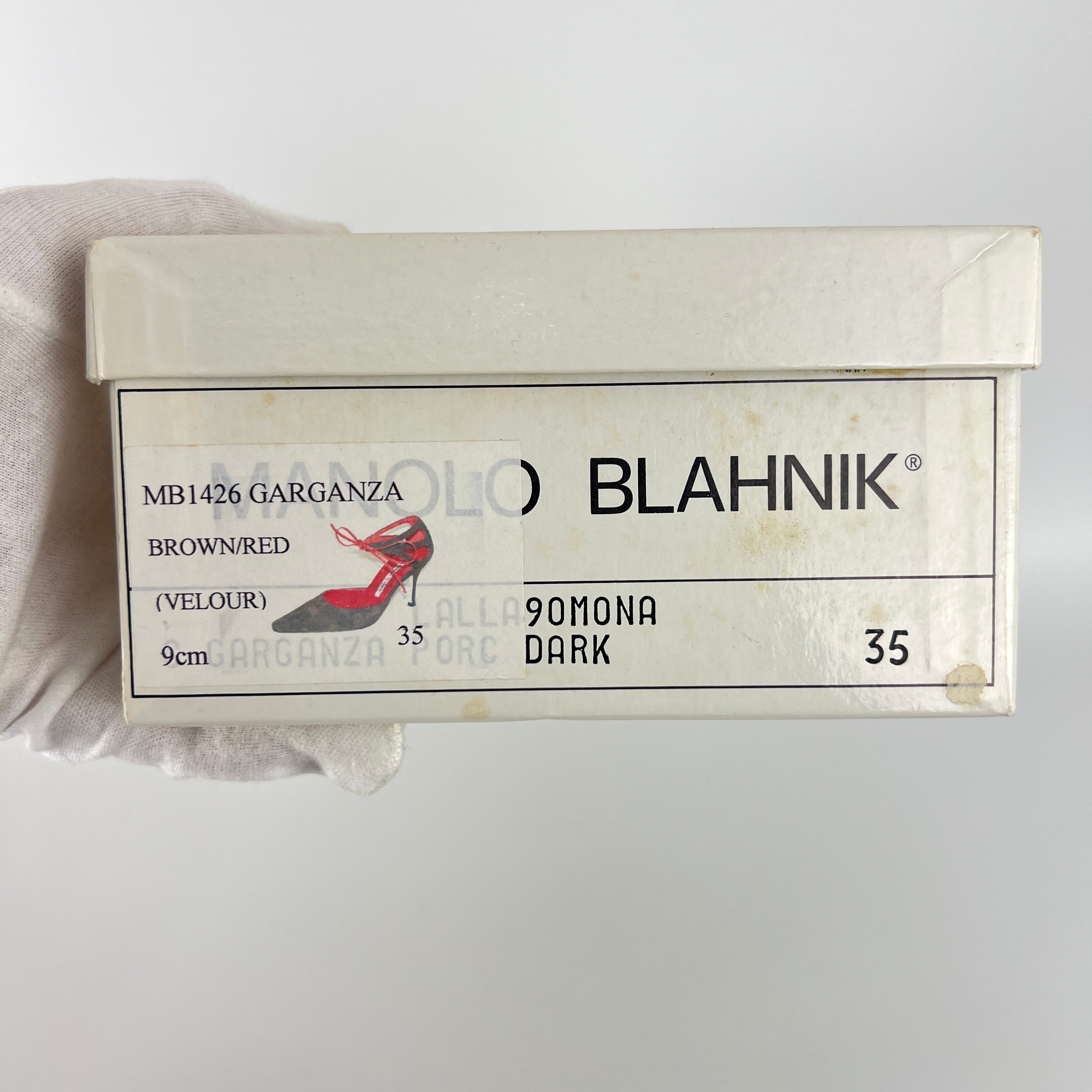 Manolo Blahnik | Brown Velour Red Leather Strap Pointed Toe Stiletto (35)