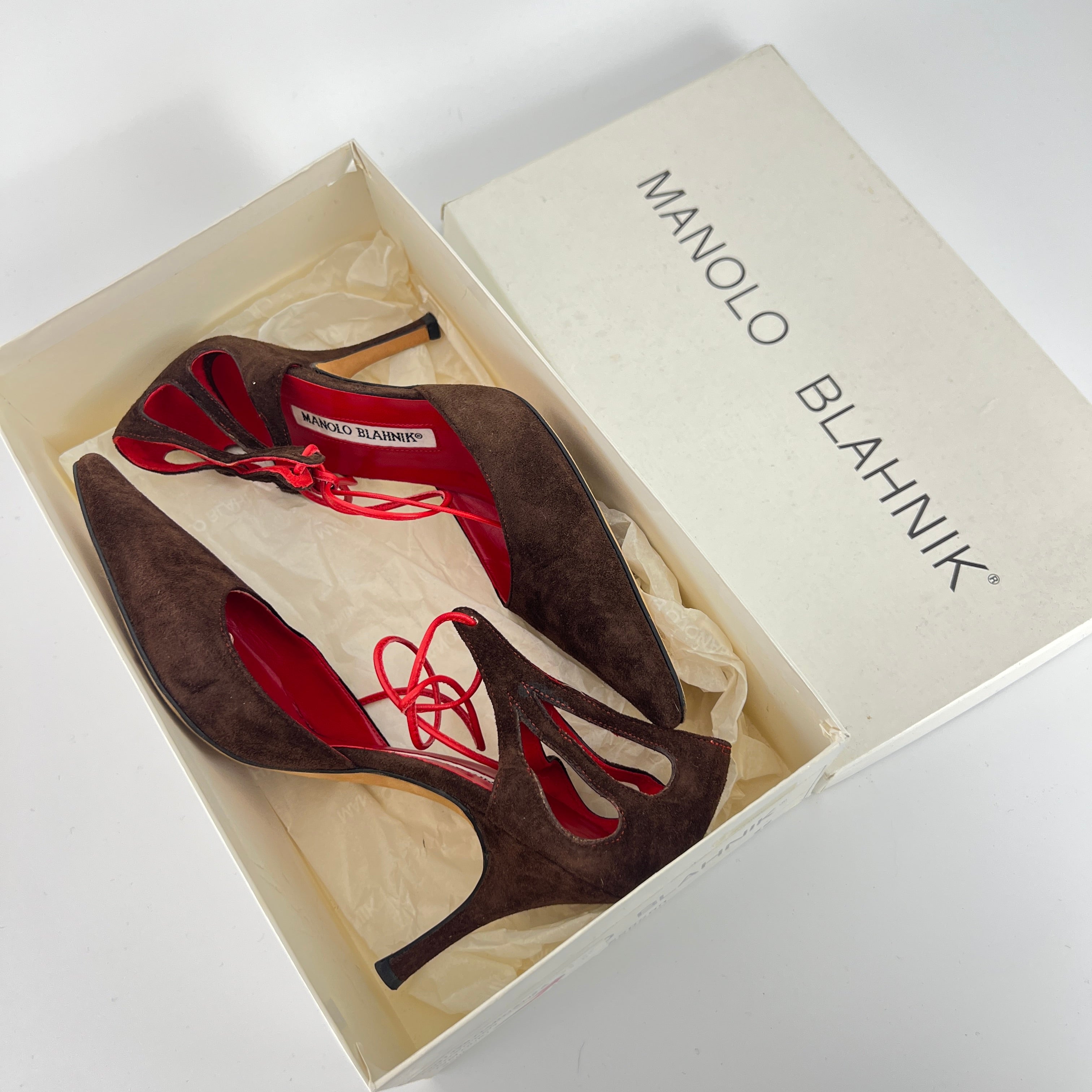 Manolo Blahnik | Brown Velour Red Leather Strap Pointed Toe Stiletto (35)