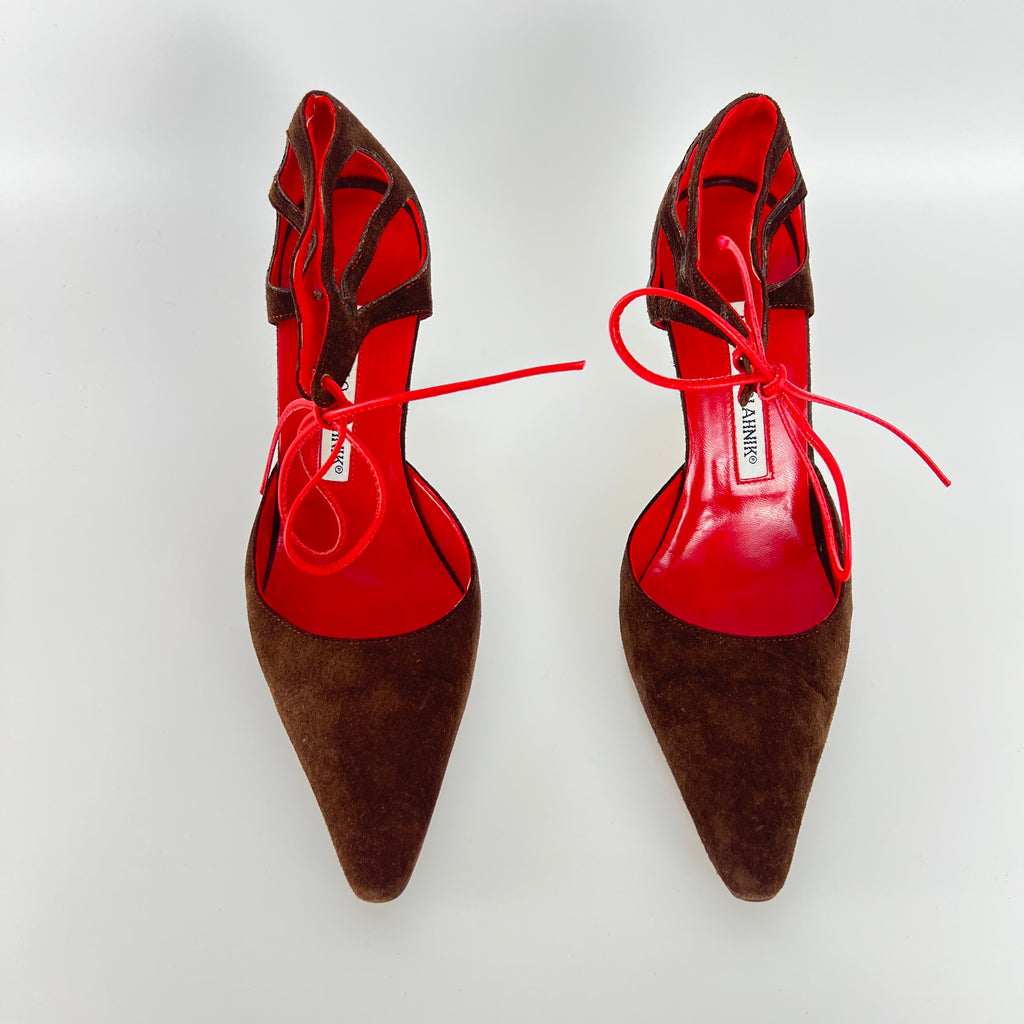 Manolo Blahnik | Brown Velour Red Leather Strap Pointed Toe Stiletto (35)