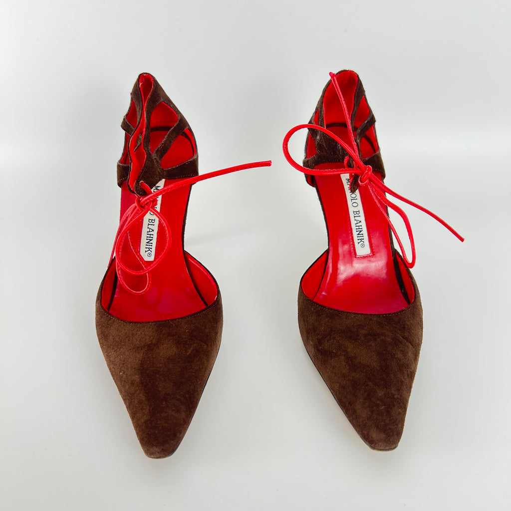 Manolo Blahnik | Brown Velour Red Leather Strap Pointed Toe Stiletto (35)