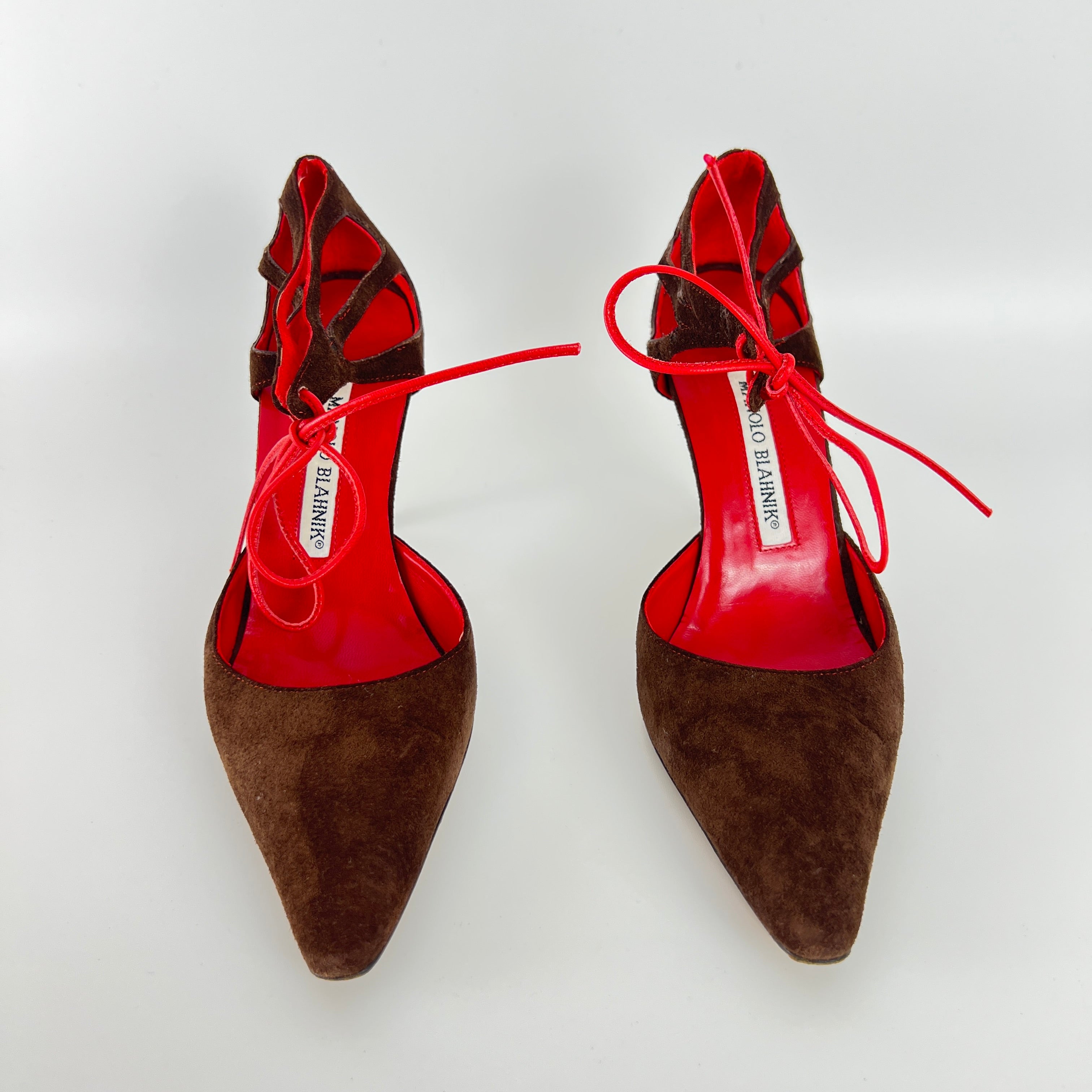 Manolo Blahnik | Brown Velour Red Leather Strap Pointed Toe Stiletto (35)