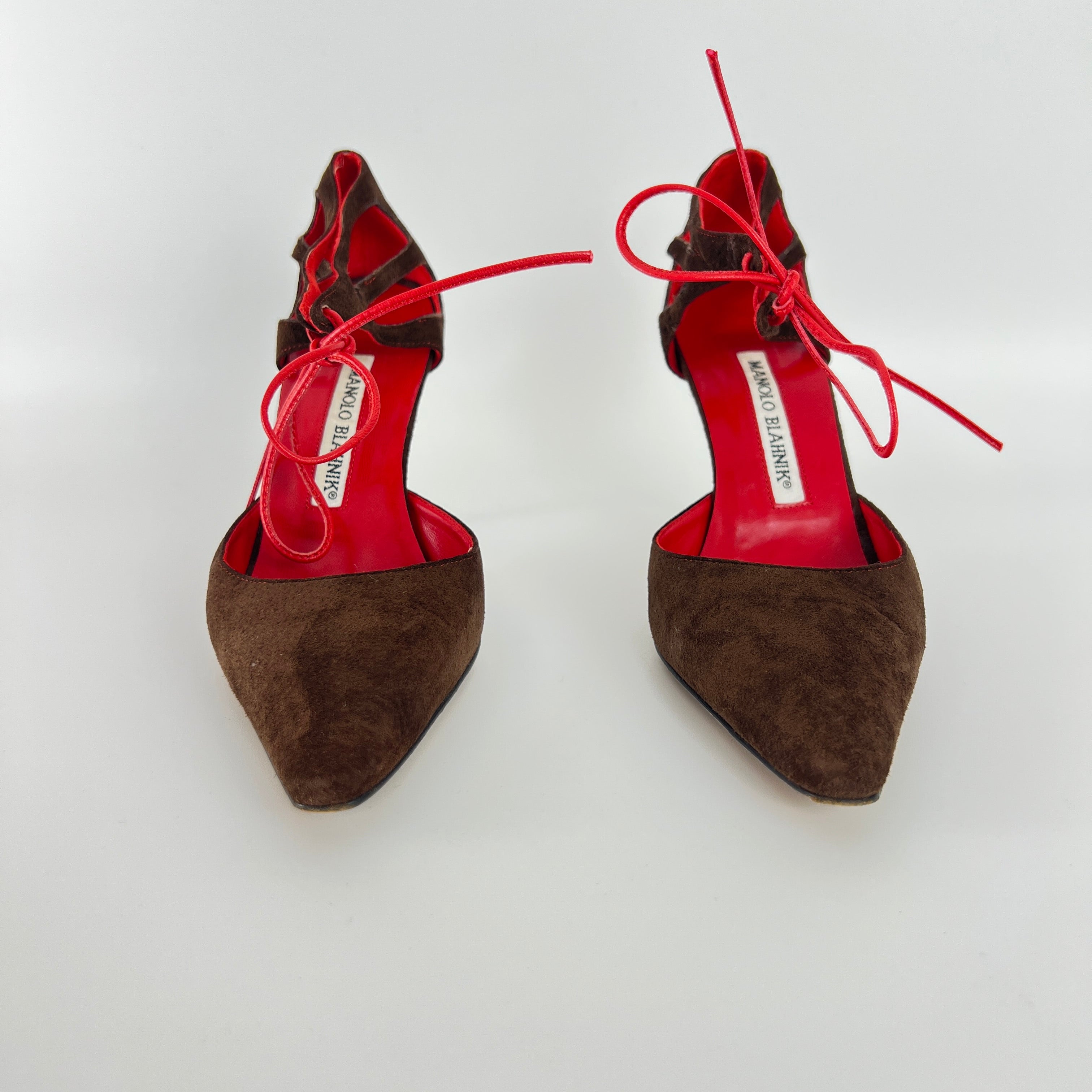 Manolo Blahnik | Brown Velour Red Leather Strap Pointed Toe Stiletto (35)