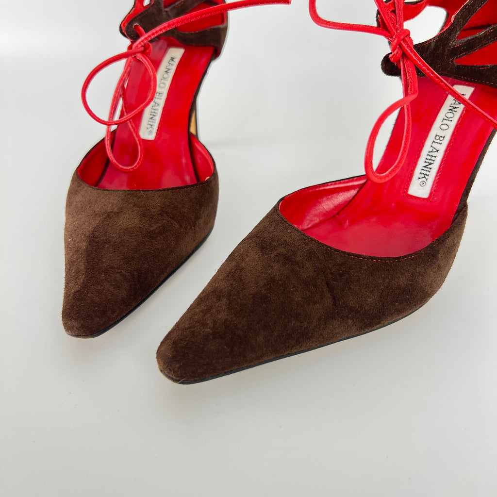 Manolo Blahnik | Brown Velour Red Leather Strap Pointed Toe Stiletto (35)