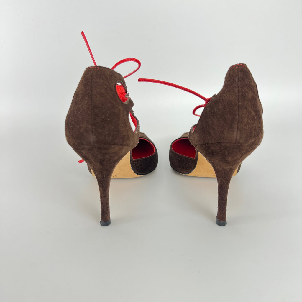 Manolo Blahnik | Brown Velour Red Leather Strap Pointed Toe Stiletto (35)