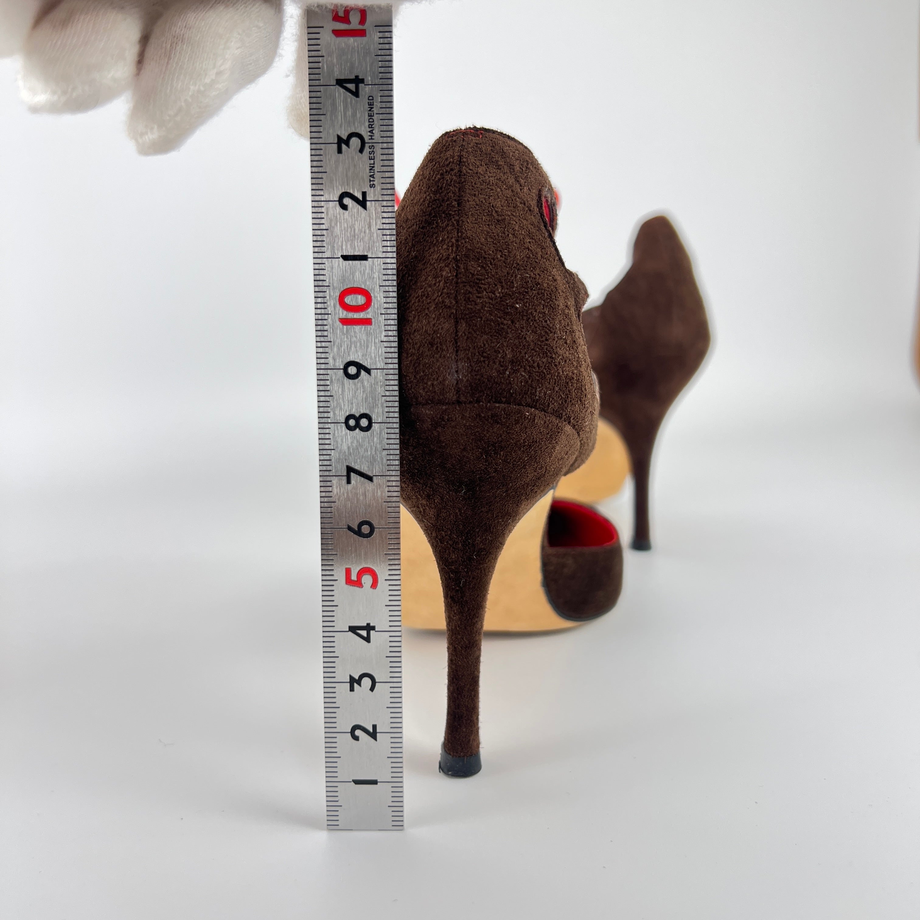 Manolo Blahnik | Brown Velour Red Leather Strap Pointed Toe Stiletto (35)