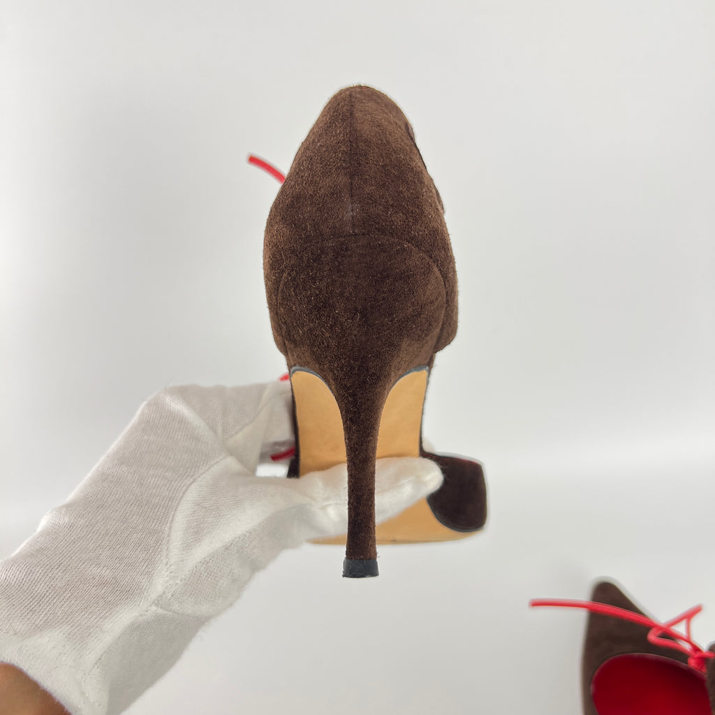 Manolo Blahnik | Brown Velour Red Leather Strap Pointed Toe Stiletto (35)