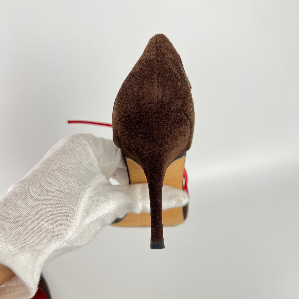Manolo Blahnik | Brown Velour Red Leather Strap Pointed Toe Stiletto (35)