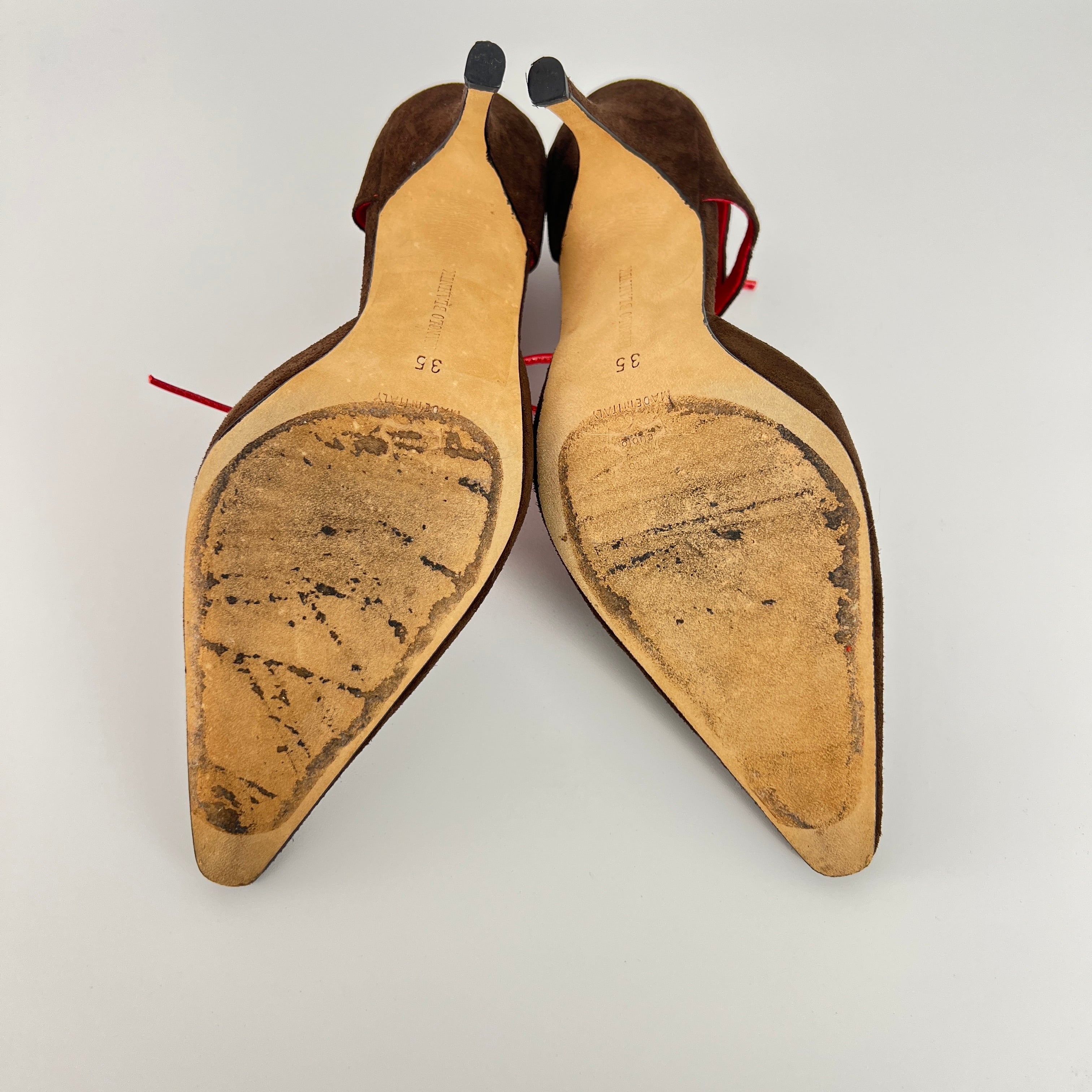 Manolo Blahnik | Brown Velour Red Leather Strap Pointed Toe Stiletto (35)