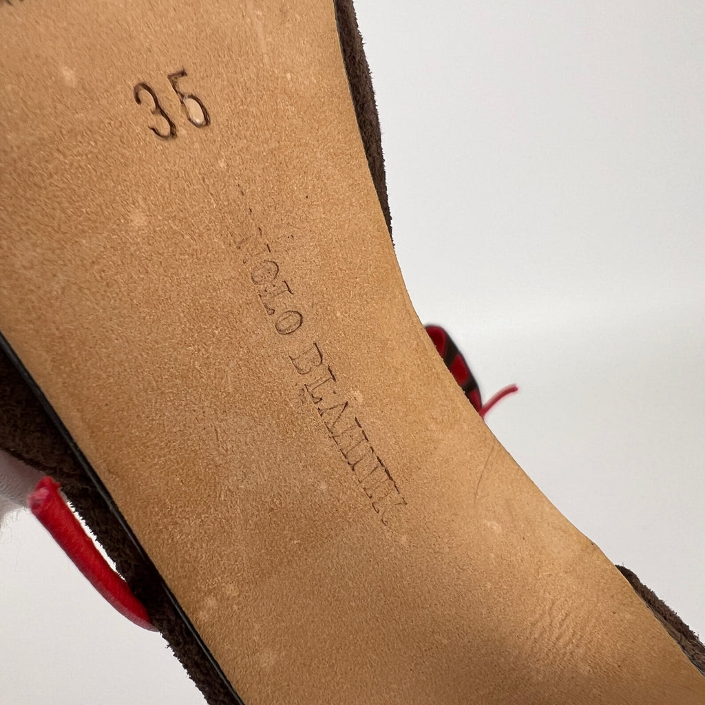 Manolo Blahnik | Brown Velour Red Leather Strap Pointed Toe Stiletto (35)