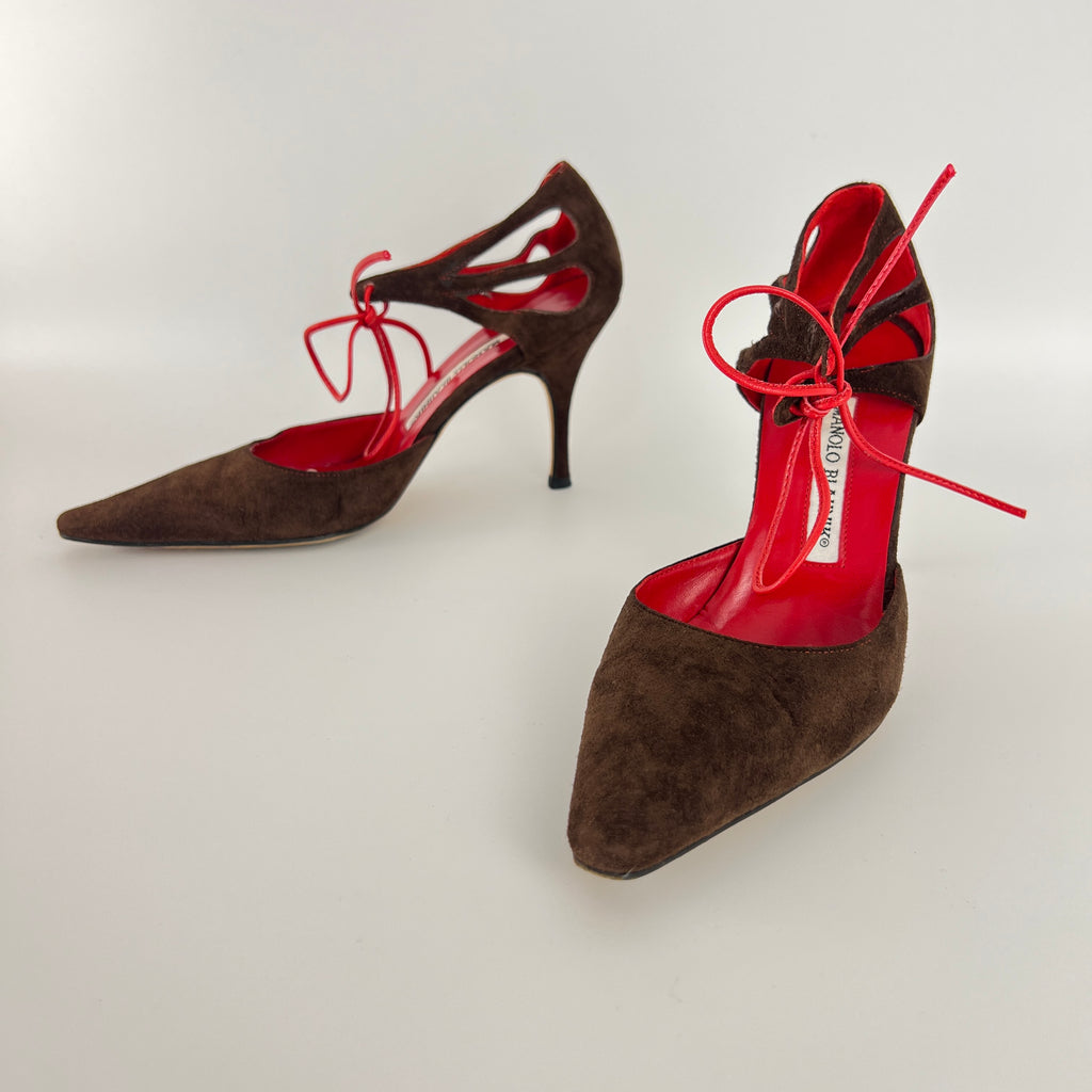 Manolo Blahnik | Brown Velour Red Leather Strap Pointed Toe Stiletto (35)