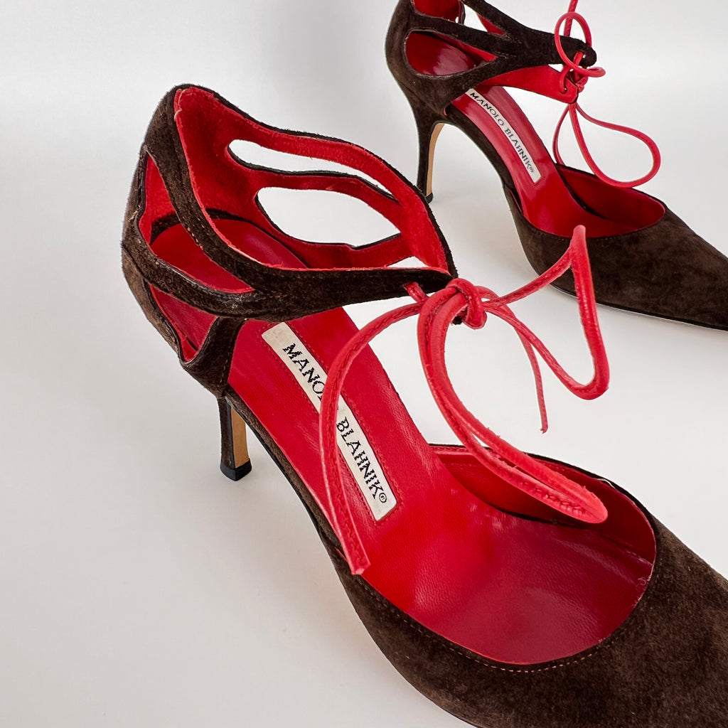 Manolo Blahnik | Brown Velour Red Leather Strap Pointed Toe Stiletto (35)