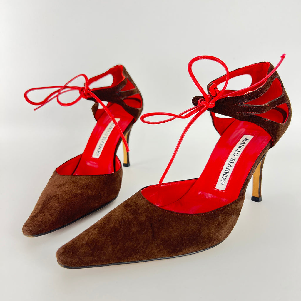 Manolo Blahnik | Brown Velour Red Leather Strap Pointed Toe Stiletto (35)