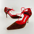 Manolo Blahnik | Brown Velour Red Leather Strap Pointed Toe Stiletto (35)