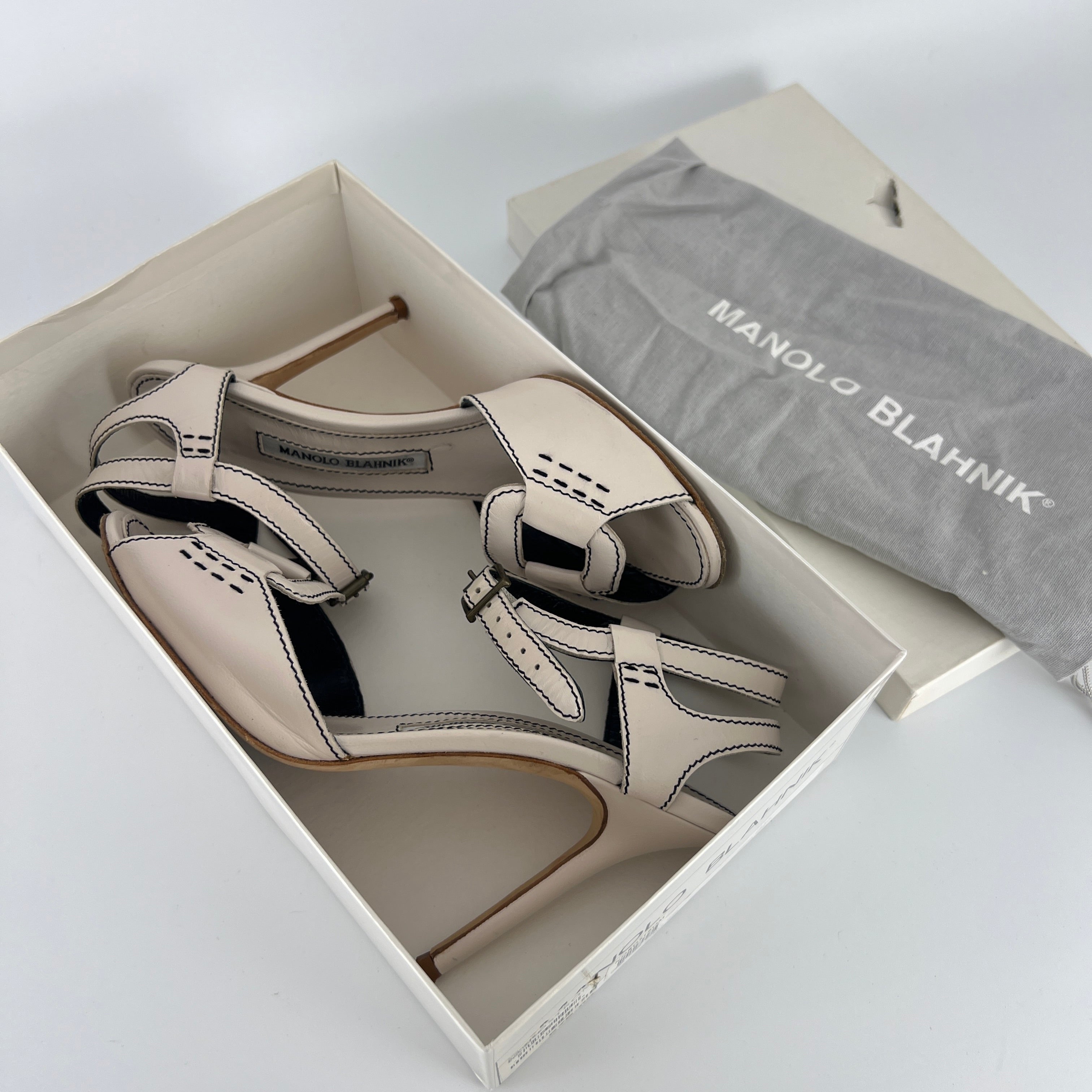 Manolo Blahnik | White Leather Buckle Ankle Wrap Sandal Stiletto Heels (38)