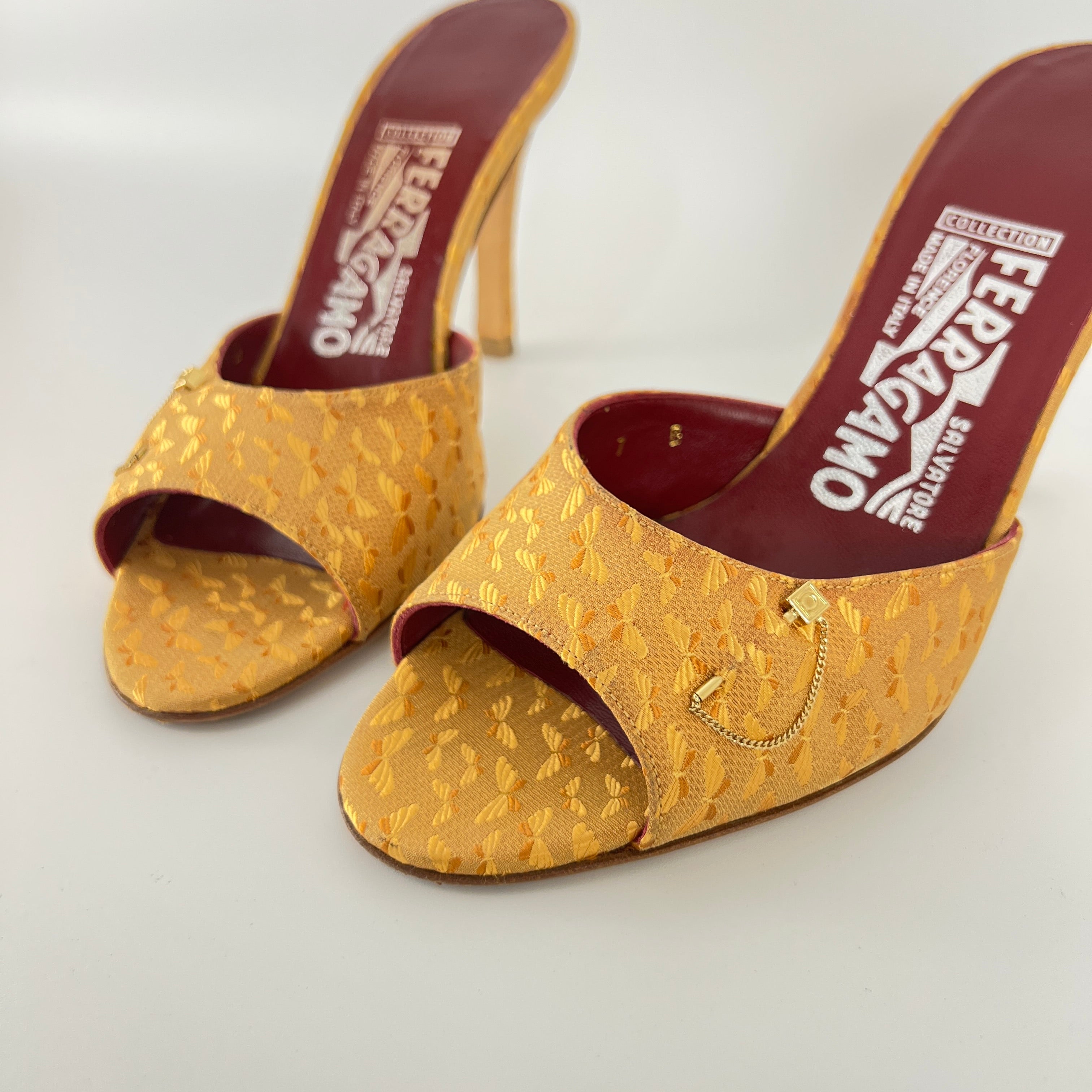 Ferragamo | Gold Silk Butterfly Embroidery Pin Stiletto Mules (7, EU 37)