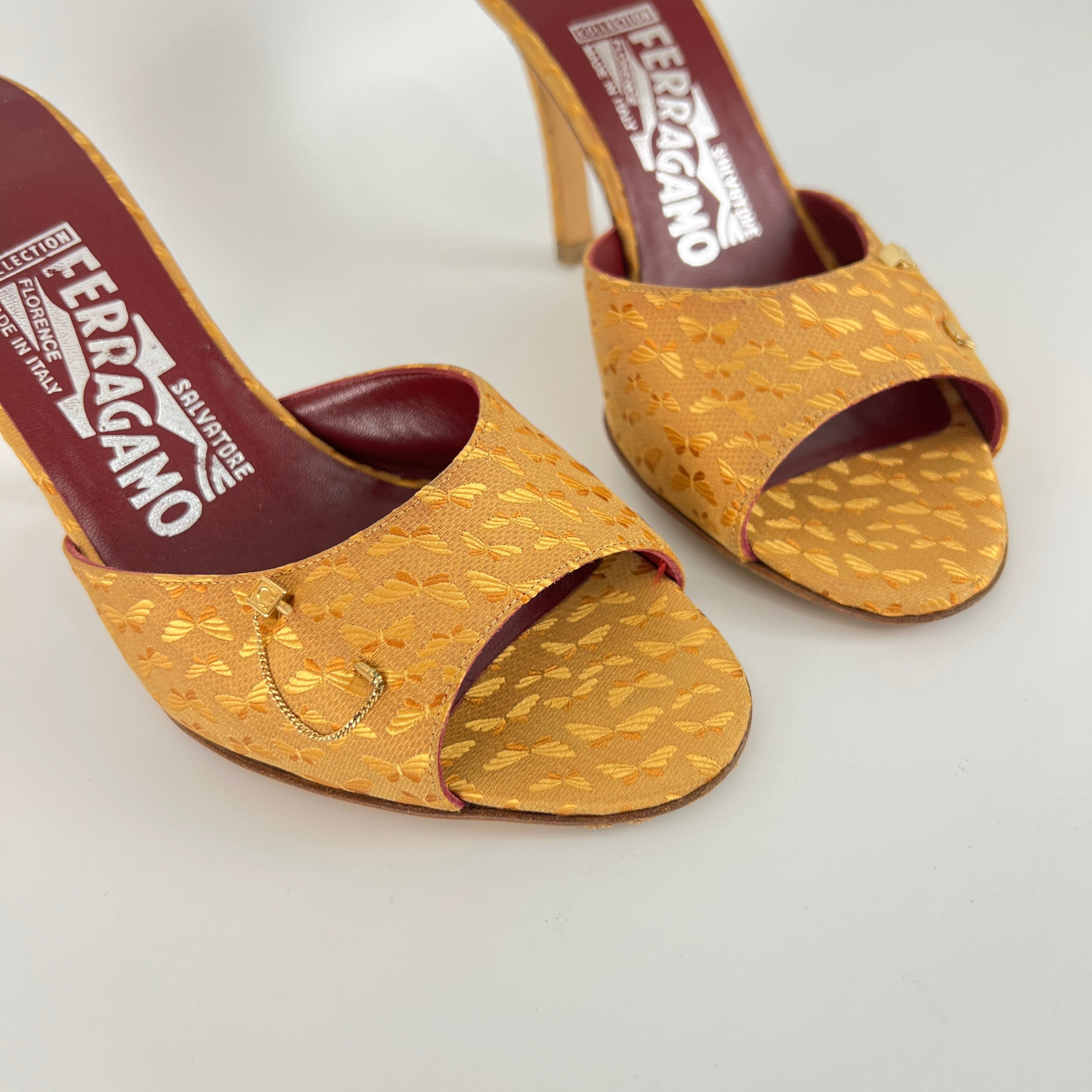 Ferragamo | Gold Silk Butterfly Embroidery Pin Stiletto Mules (7, EU 37)