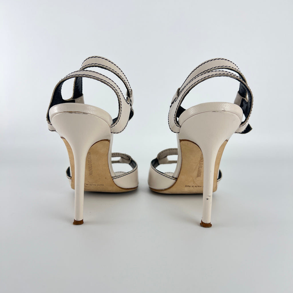 Manolo Blahnik | White Leather Buckle Ankle Wrap Sandal Stiletto Heels (38)