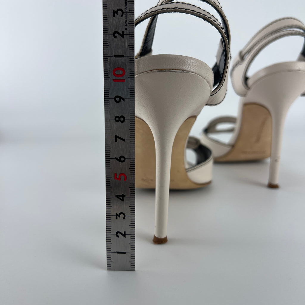 Manolo Blahnik | White Leather Buckle Ankle Wrap Sandal Stiletto Heels (38)