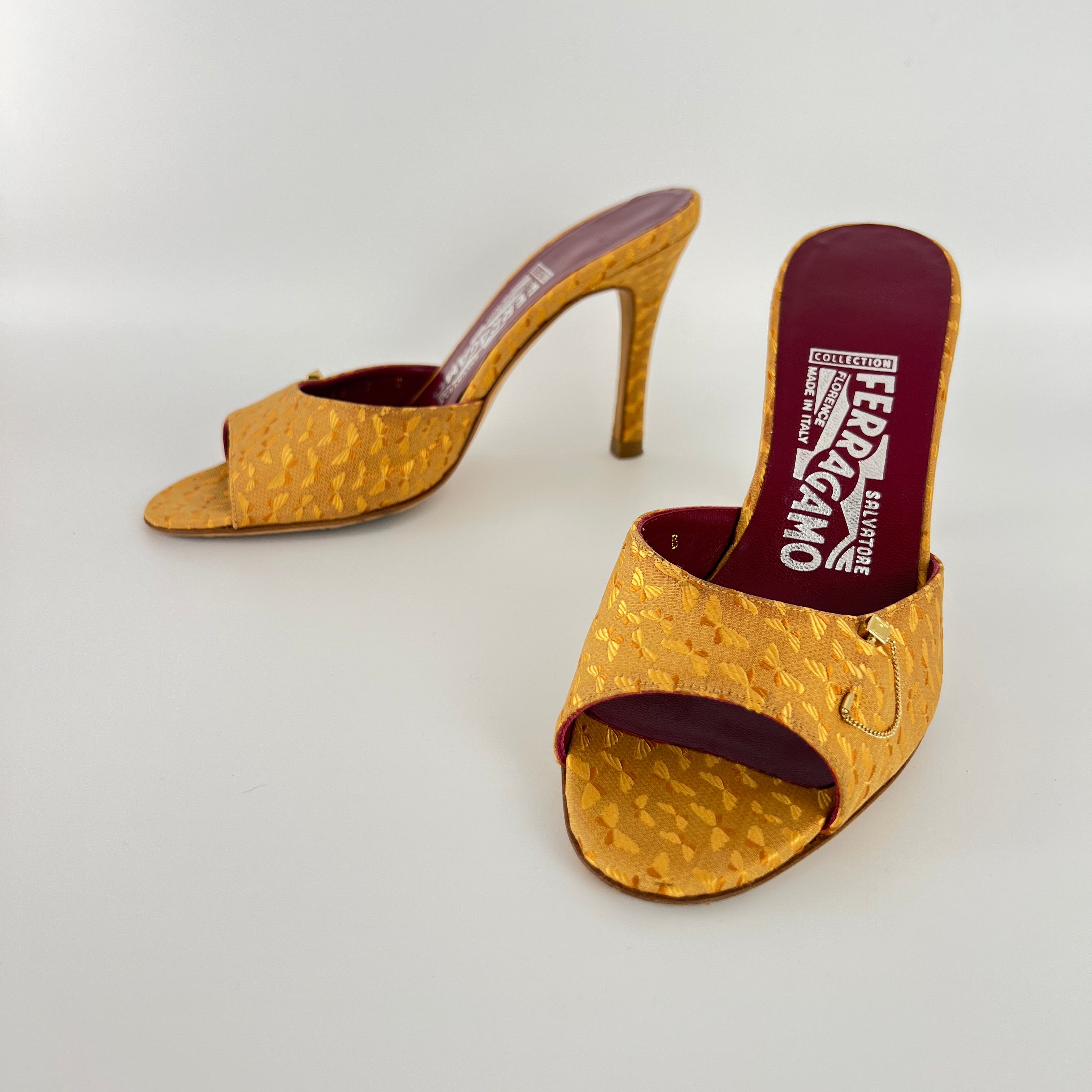 Ferragamo | Gold Silk Butterfly Embroidery Pin Stiletto Mules (7, EU 37)