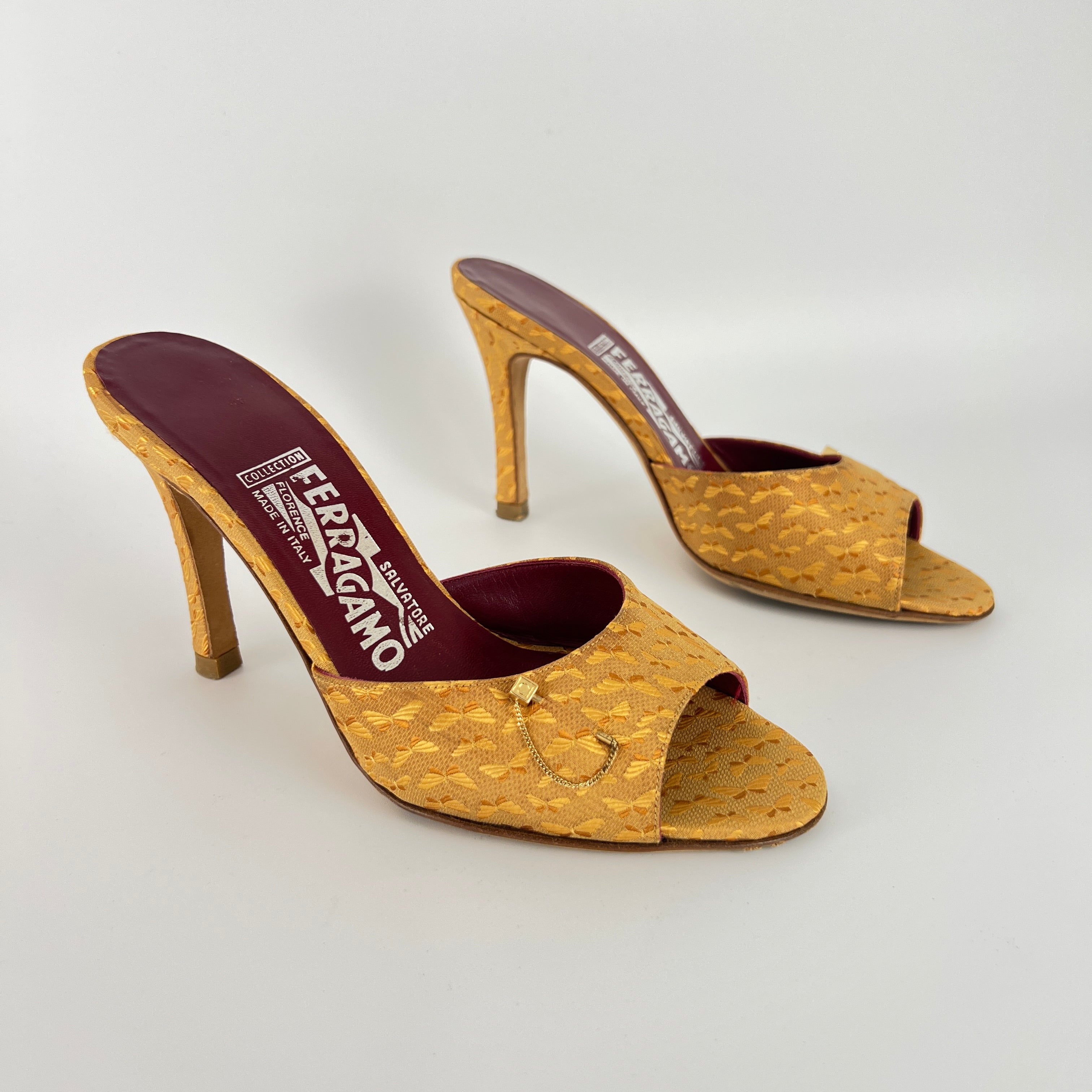 Ferragamo | Gold Silk Butterfly Embroidery Pin Stiletto Mules (7, EU 37)