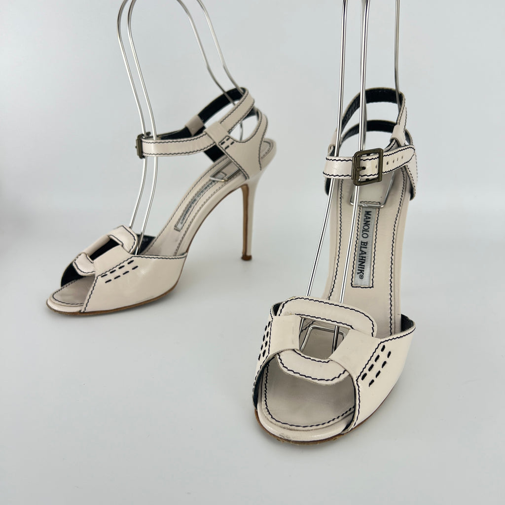 Manolo Blahnik | White Leather Buckle Ankle Wrap Sandal Stiletto Heels (38)