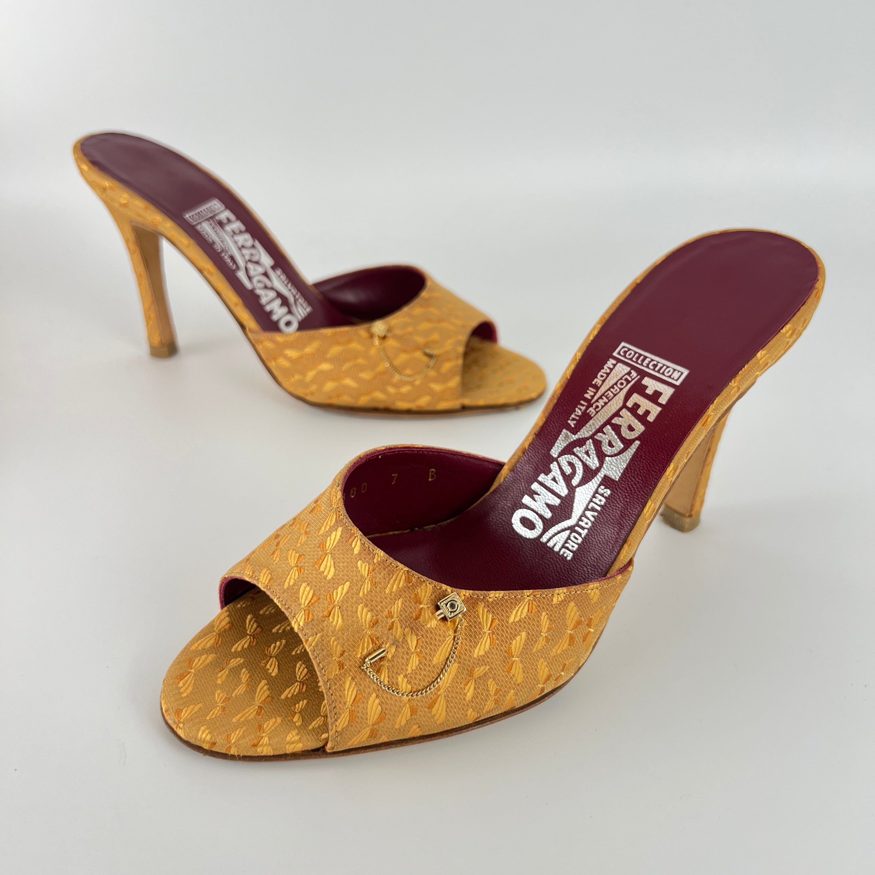 Ferragamo | Gold Silk Butterfly Embroidery Pin Stiletto Mules (7, EU 37)