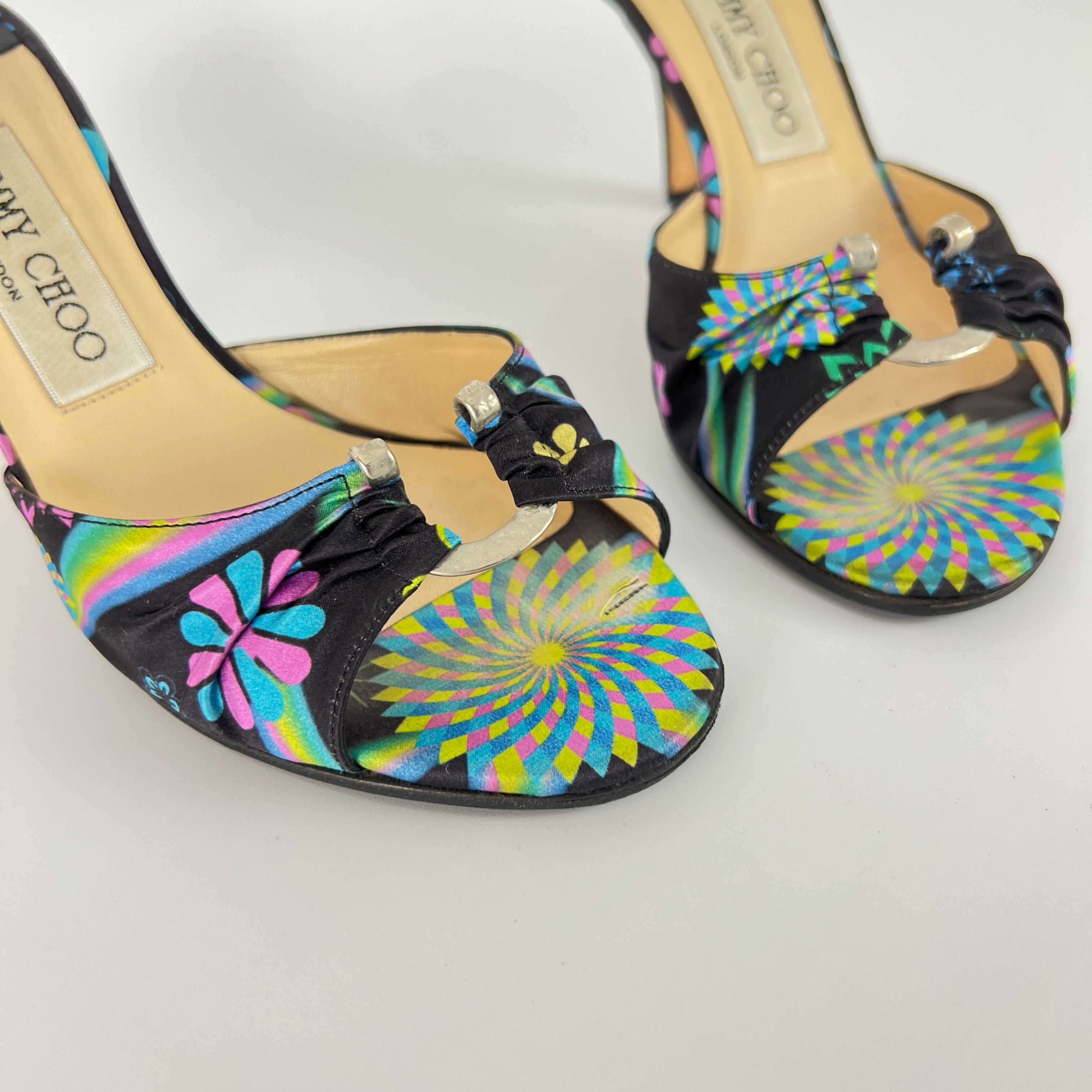 Jimmy Choo | Vintage Black Satin Floral Geometric Slide Mules Y2K Rare (35.5)