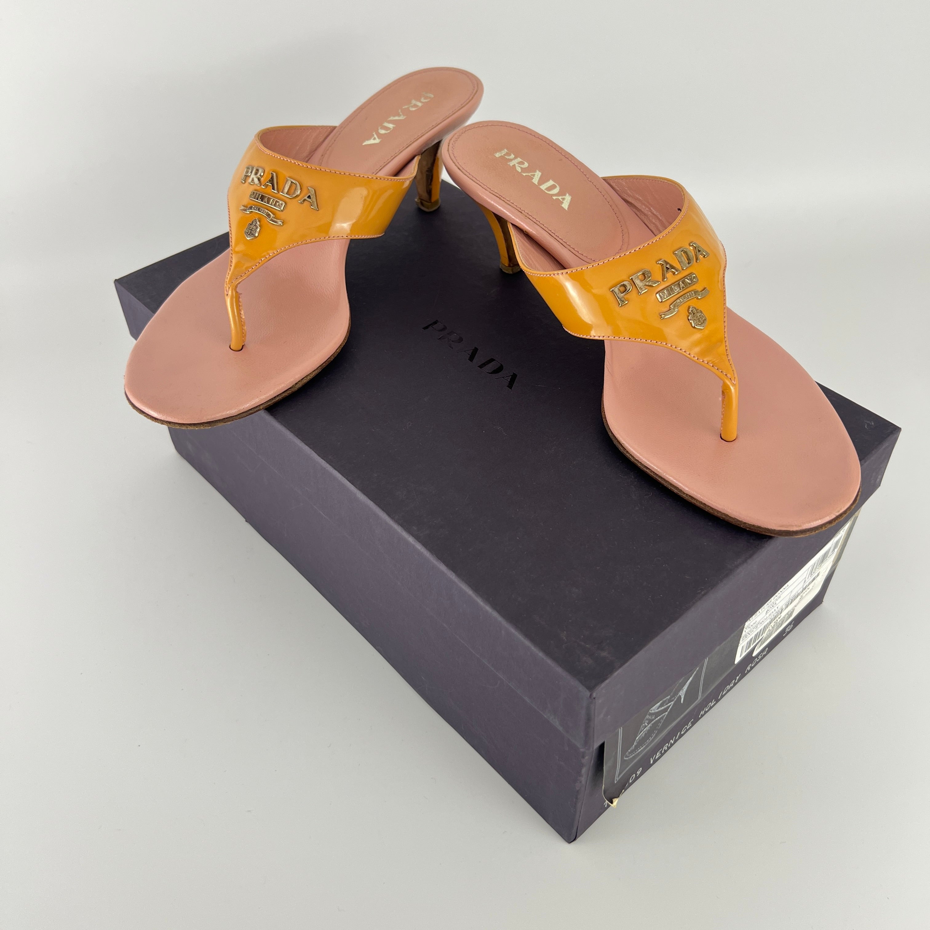 Prada | Vintage Y2K Holiday Rosa Orange Patent Leather Logo Thong Kitten Mules (36)