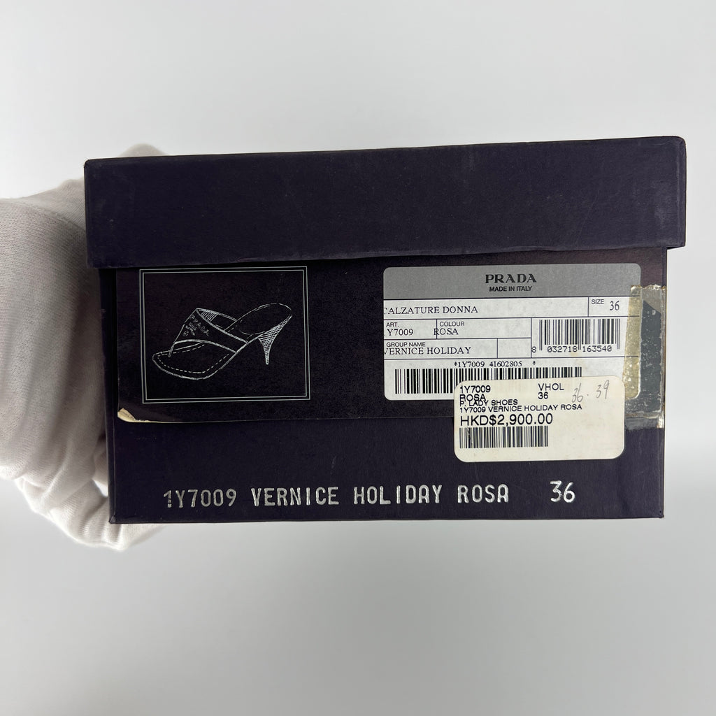 Prada | Vintage Y2K Holiday Rosa Orange Patent Leather Logo Thong Kitten Mules (36)