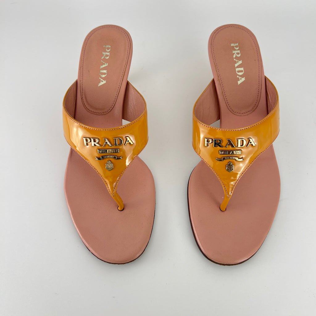 Prada | Vintage Y2K Holiday Rosa Orange Patent Leather Logo Thong Kitten Mules (36)
