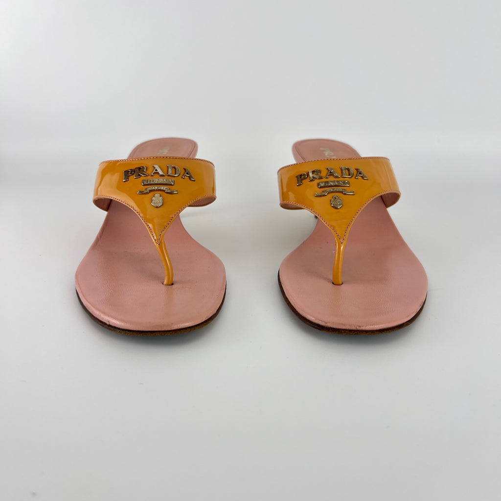 Prada | Vintage Y2K Holiday Rosa Orange Patent Leather Logo Thong Kitten Mules (36)