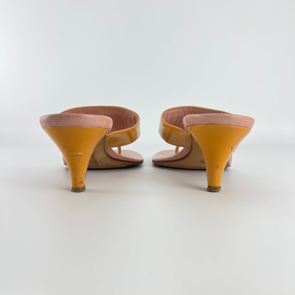 Prada | Vintage Y2K Holiday Rosa Orange Patent Leather Logo Thong Kitten Mules (36)
