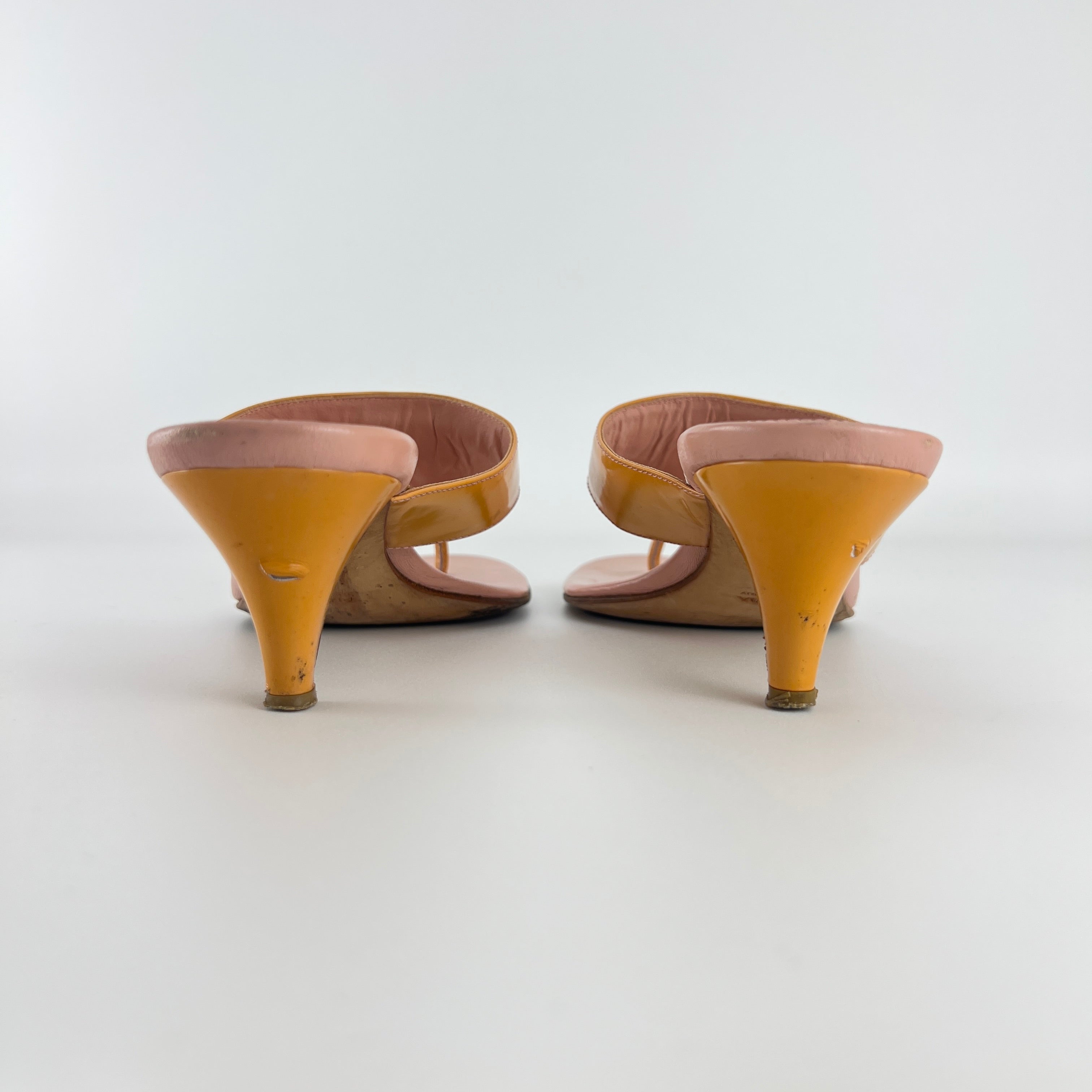 Prada | Vintage Y2K Holiday Rosa Orange Patent Leather Logo Thong Kitten Mules (36)